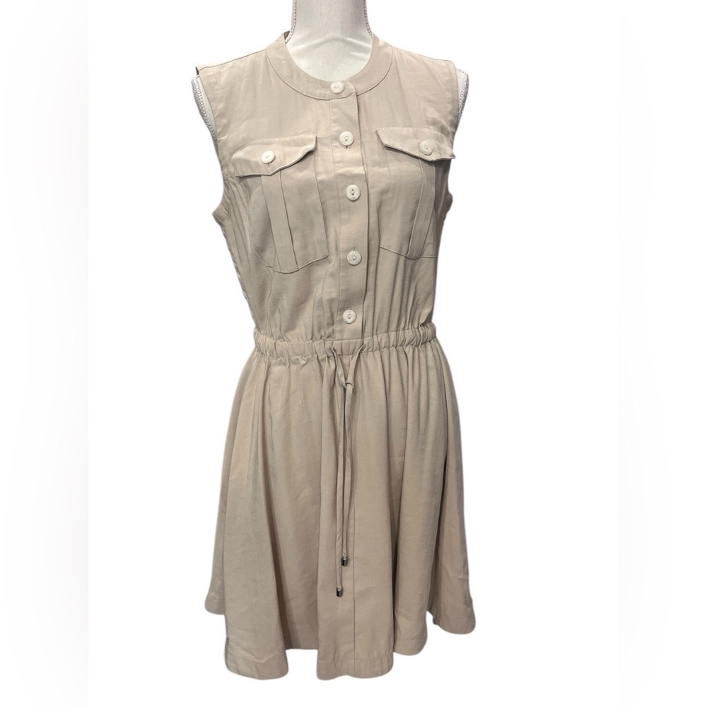 Nine West Sleeveless Utility Shirt Dress Beige Tan Drawstring Waist Size M - Picture 2 of 10